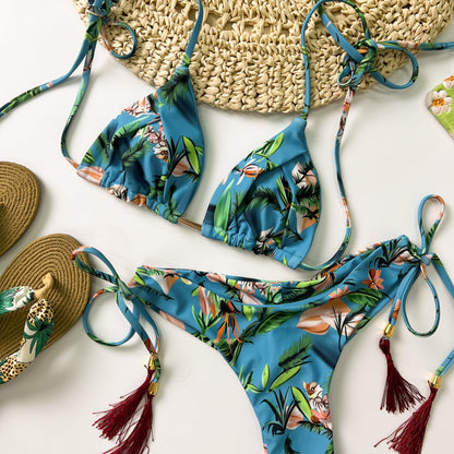 Free Shipping For Blue Tropical Print Lace Up Bikini Set