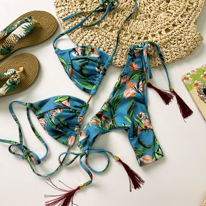 Free Shipping For Blue Tropical Print Lace Up Bikini Set