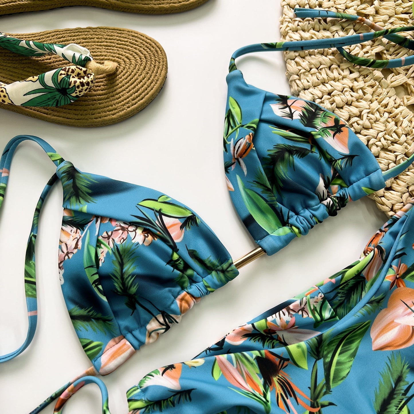 Free Shipping For Blue Tropical Print Lace Up Bikini Set