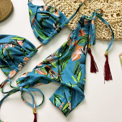 Free Shipping For Blue Tropical Print Lace Up Bikini Set