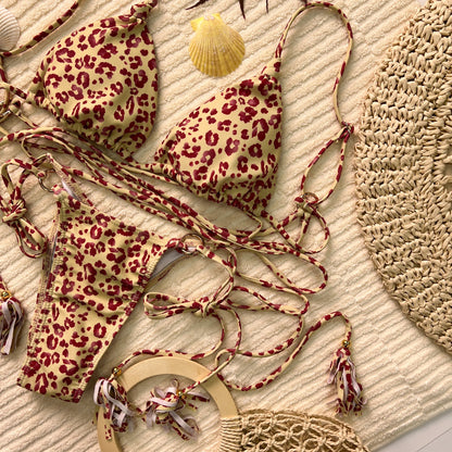 Free Shipping For Cheetah Lace Up Triangle Bikini Set