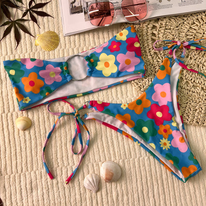 Free Shipping For Blue Floral Circle Front Bikini Set