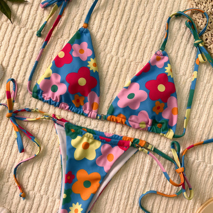 Free Shipping For Blue Floral Lace Up Triangle Bikini Set