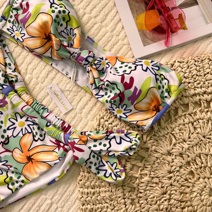 Free Shipping For Flowers Print Bandeau Bikini Set