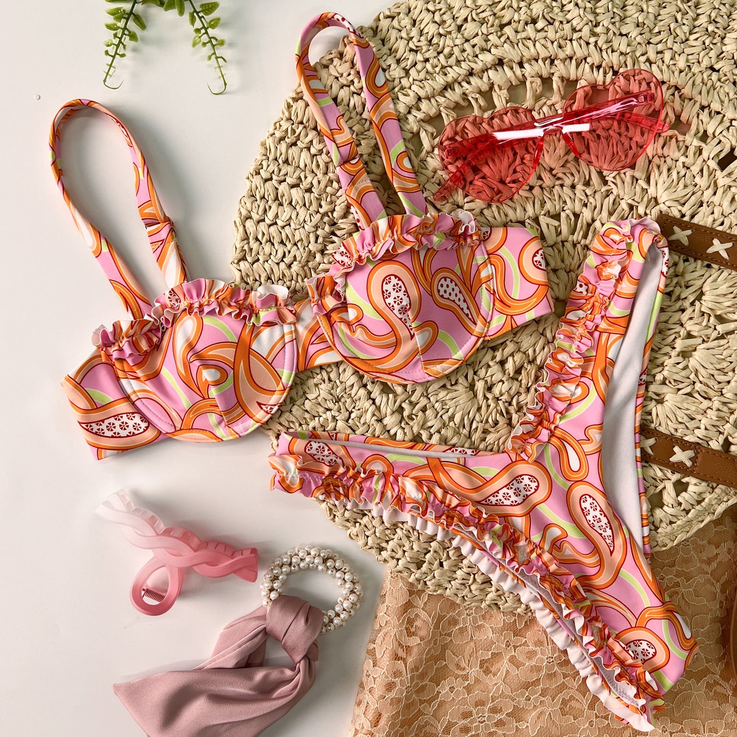 Free Shipping For Pink Ruffle Trim Bandeau Bikini Set