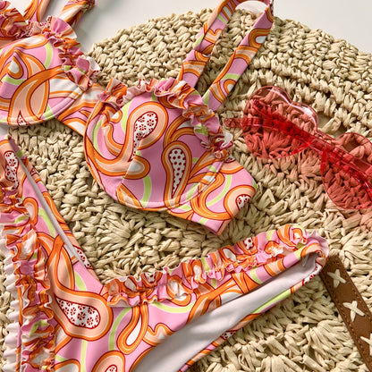 Free Shipping For Pink Ruffle Trim Bandeau Bikini Set