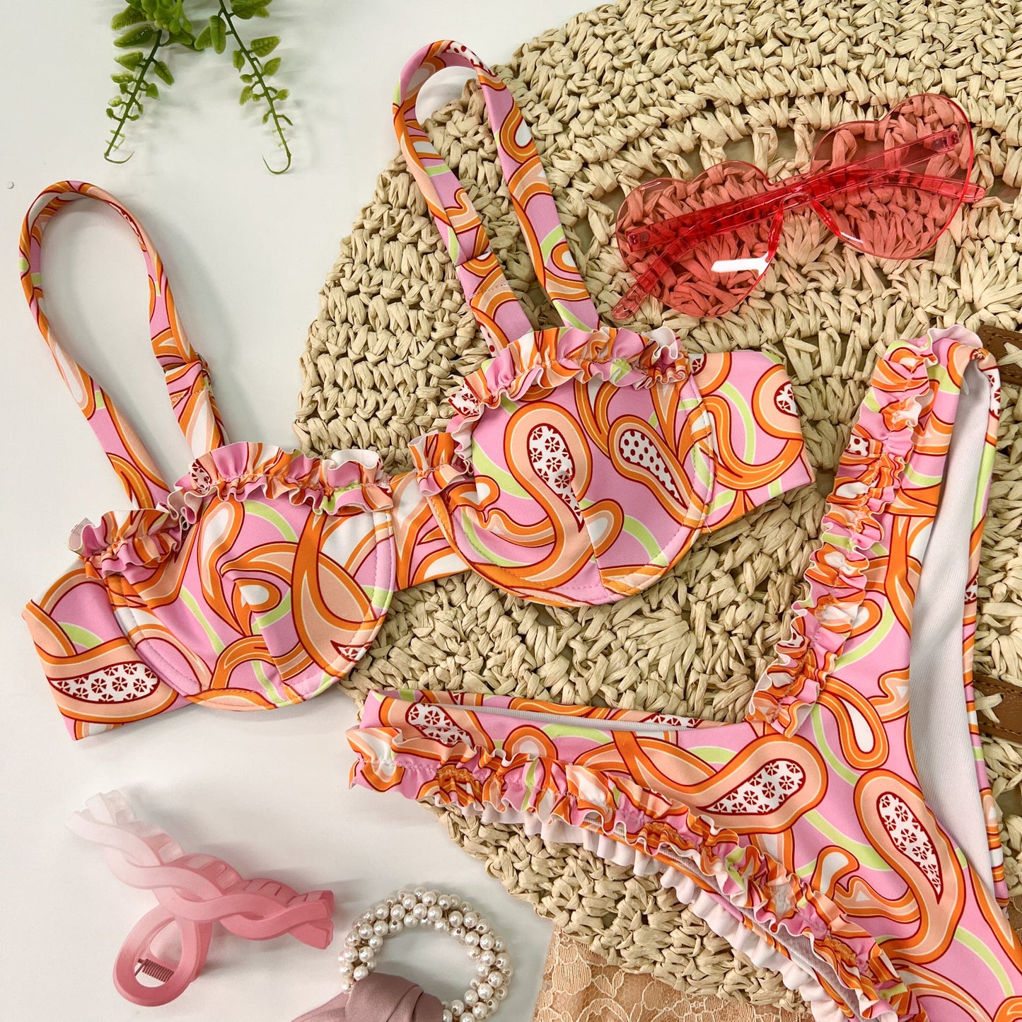 Free Shipping For Pink Ruffle Trim Bandeau Bikini Set