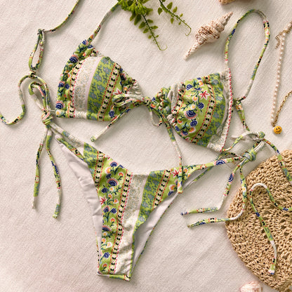 Free Shipping For Green Bohemia Print Straps Bikini Set