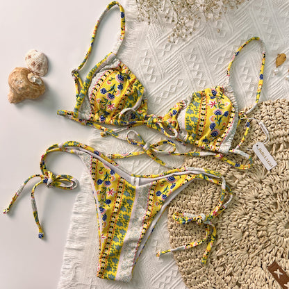 Free Shipping For Yellow Bohemia Print Straps Bikini Set