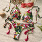 Free Shipping For Green & Red Floral Halter Adjustable Triangle Bikini Set