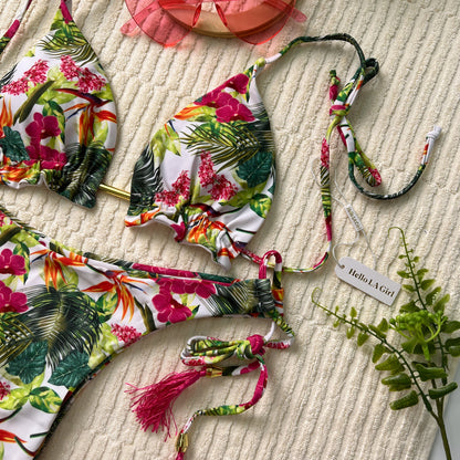 Free Shipping For Green & Red Floral Halter Adjustable Triangle Bikini Set