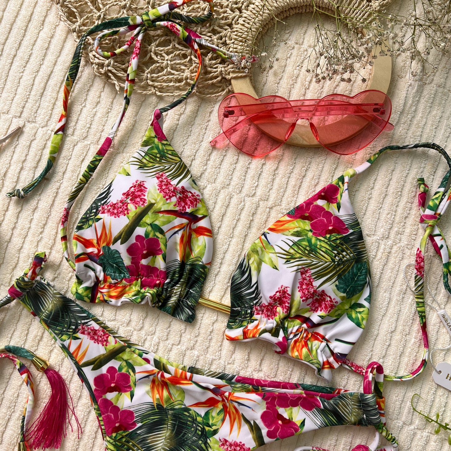 Free Shipping For Green & Red Floral Halter Adjustable Triangle Bikini Set