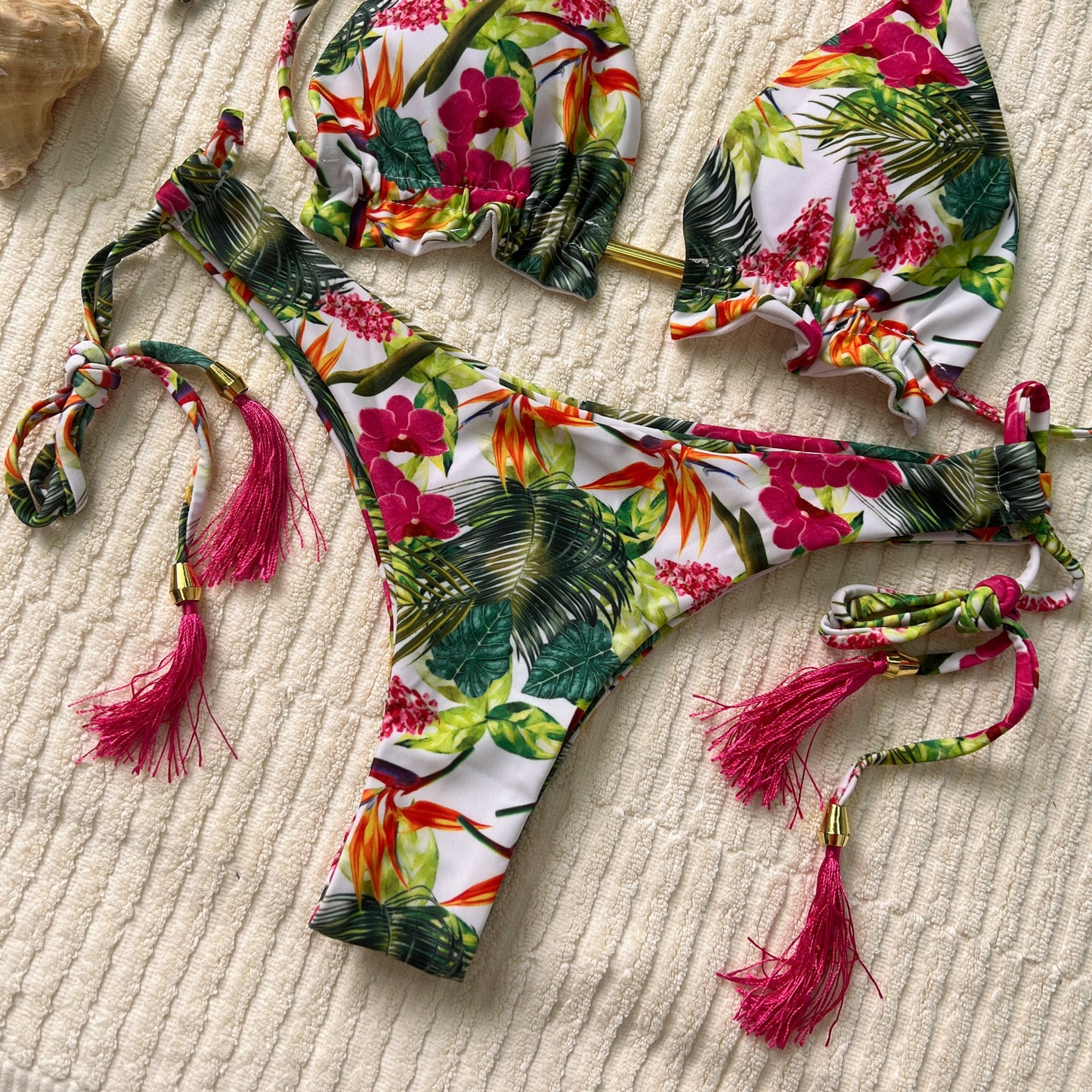 Free Shipping For Green & Red Floral Halter Adjustable Triangle Bikini Set