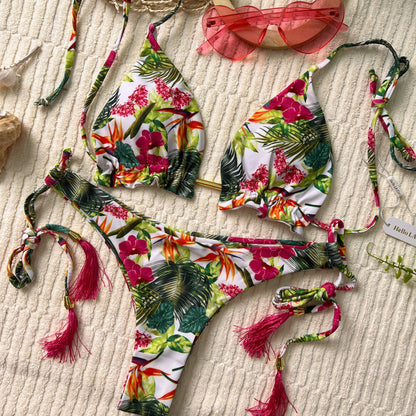 Free Shipping For Green & Red Floral Halter Adjustable Triangle Bikini Set