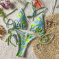 Free Shipping For Blue Fluorescent Floral Pritn Straps Bikini Set