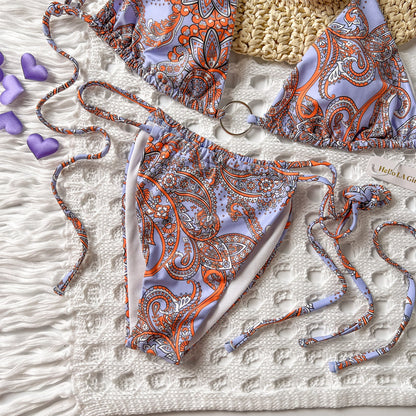 Free Shipping For Purple Vintage Flowers Print Straps Bikini Set