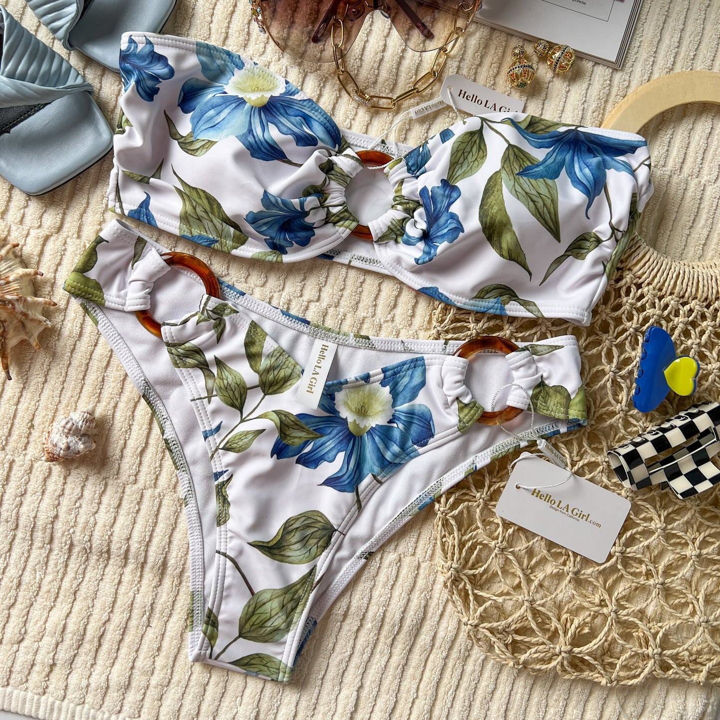 Free Shipping For White Flowers Print Bandeau Bikini Set