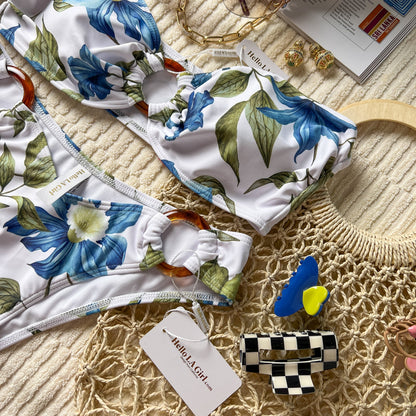 Free Shipping For White Flowers Print Bandeau Bikini Set