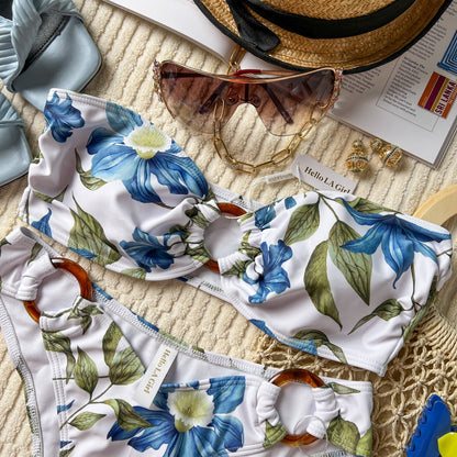 Free Shipping For White Flowers Print Bandeau Bikini Set