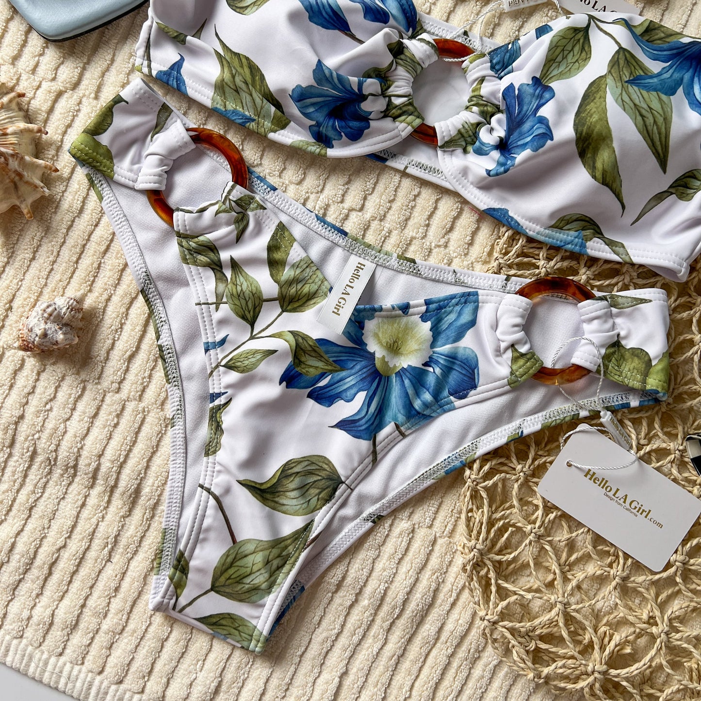 Free Shipping For White Flowers Print Bandeau Bikini Set