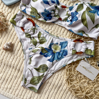 Free Shipping For White Flowers Print Bandeau Bikini Set