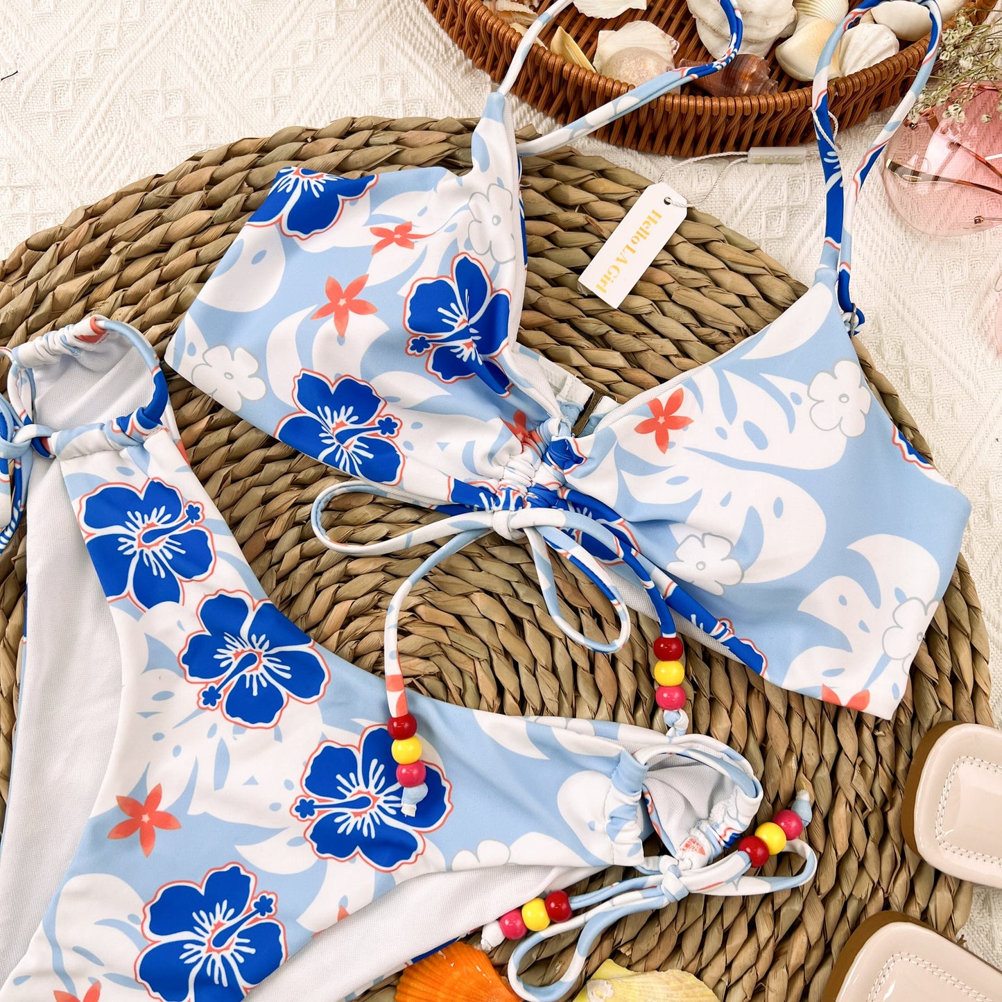 Free Shipping For Blue Floral Print Lace-up Front Straps Bikini Set