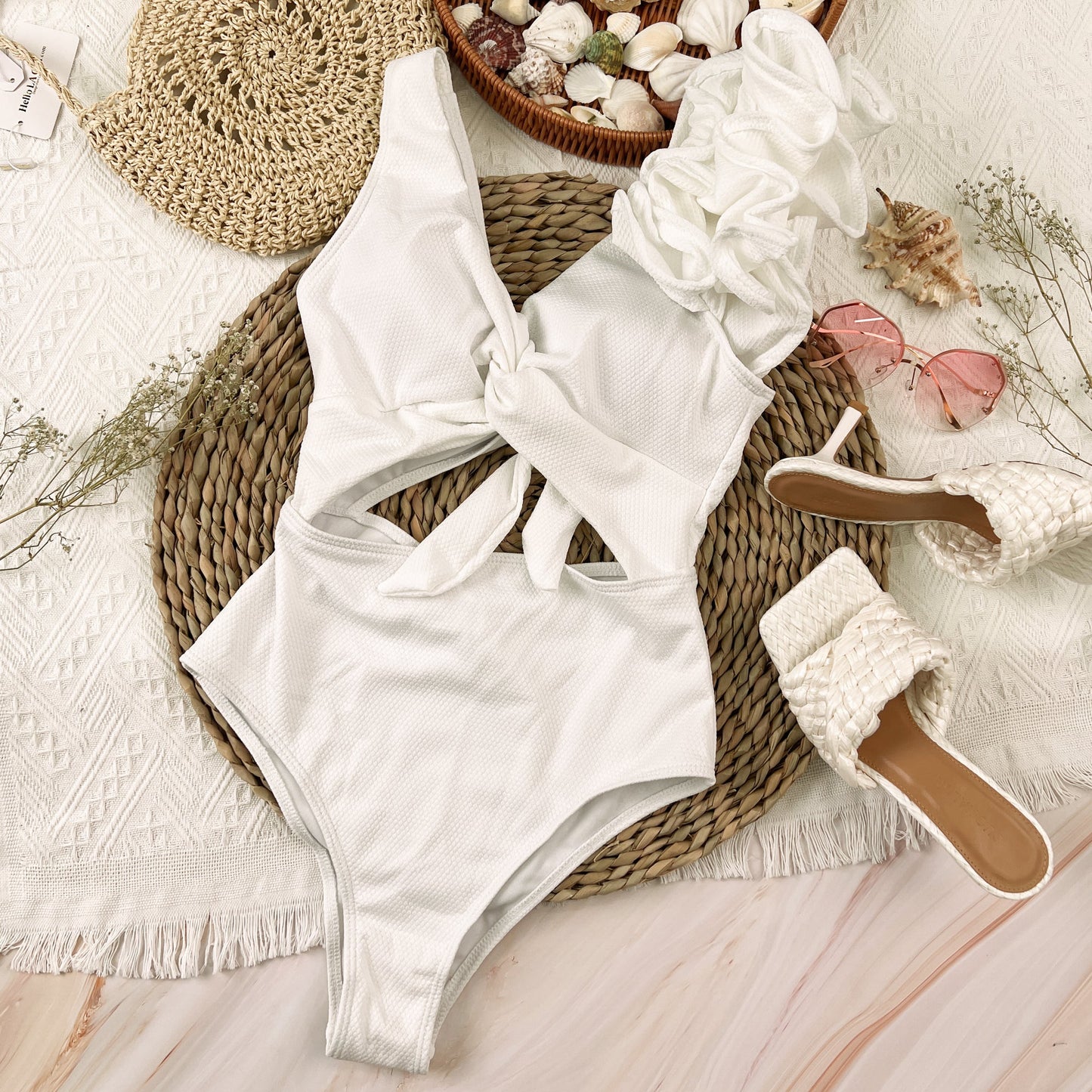 Free Shipping For White Cut Out Ruffle Shoulder One-Piece Swimsuit