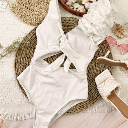 Free Shipping For White Cut Out Ruffle Shoulder One-Piece Swimsuit