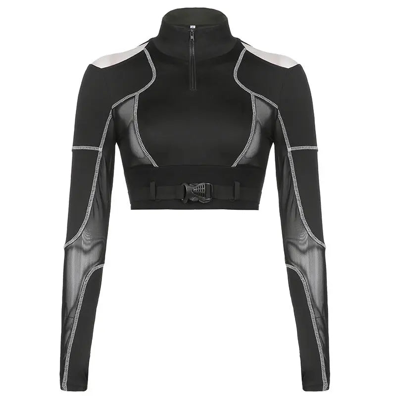 Free Shipping For 'Adira' Techwear Dark See-Through Buckle Crop Top