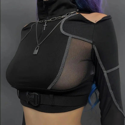 Free Shipping For 'Adira' Techwear Dark See-Through Buckle Crop Top