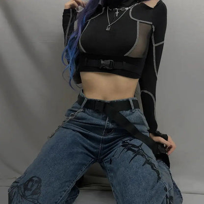 Free Shipping For 'Adira' Techwear Dark See-Through Buckle Crop Top