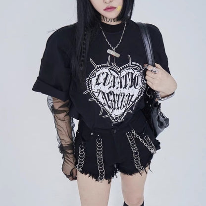 Free Shipping For 'Alive' Punk Heart Pattern Black T-shirt