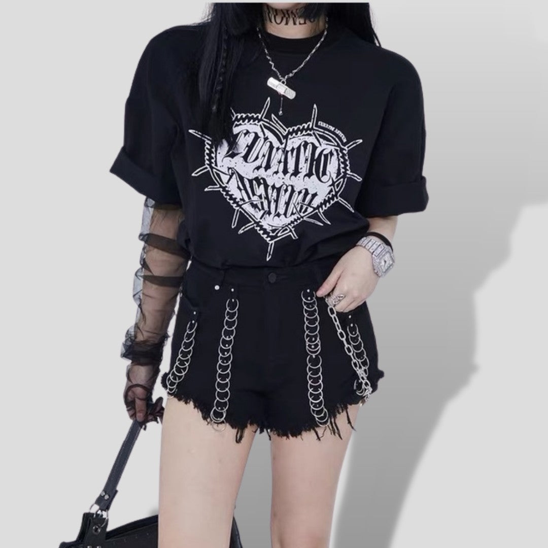 Free Shipping For 'Alive' Punk Heart Pattern Black T-shirt