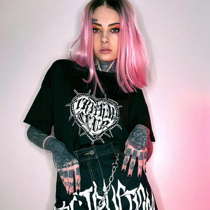 Free Shipping For 'Alive' Punk Heart Pattern Black T-shirt