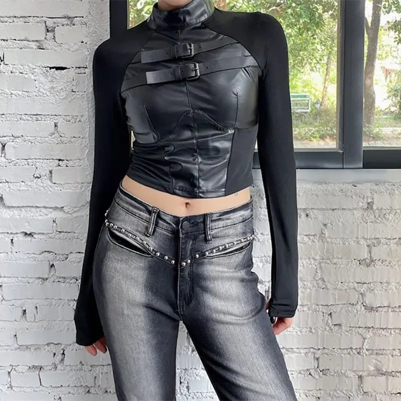 Free Shipping For 'Alyen' Slim-Fit Punk Pu Leather Buckle Top