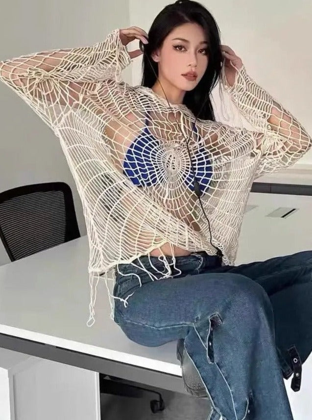 Free Shipping For 'Amnesia' Spider Web Crochet Smock top