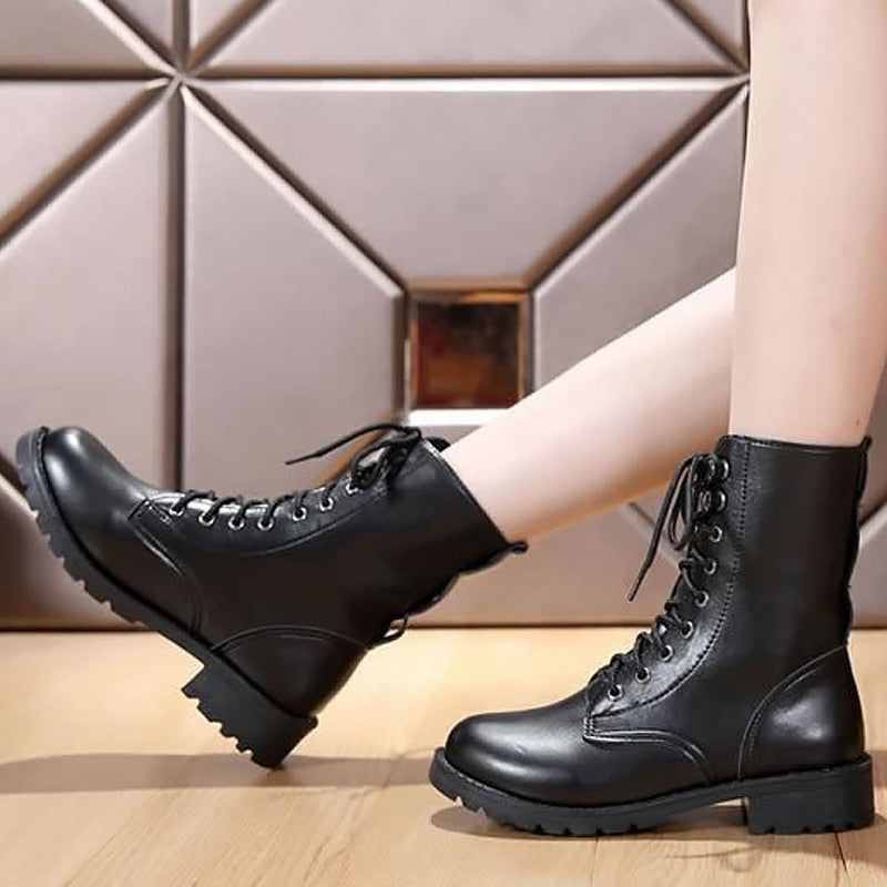 Black Motorcycle Leather Strap Round Toe Chunky Heel Ankle Boots