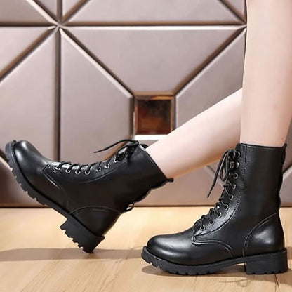 Black Motorcycle Leather Strap Round Toe Chunky Heel Ankle Boots