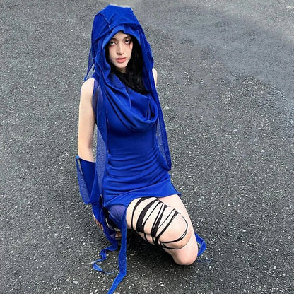 Free Shipping For 'Aqua' Klein Blue Hooded Wasteland Punk Dress