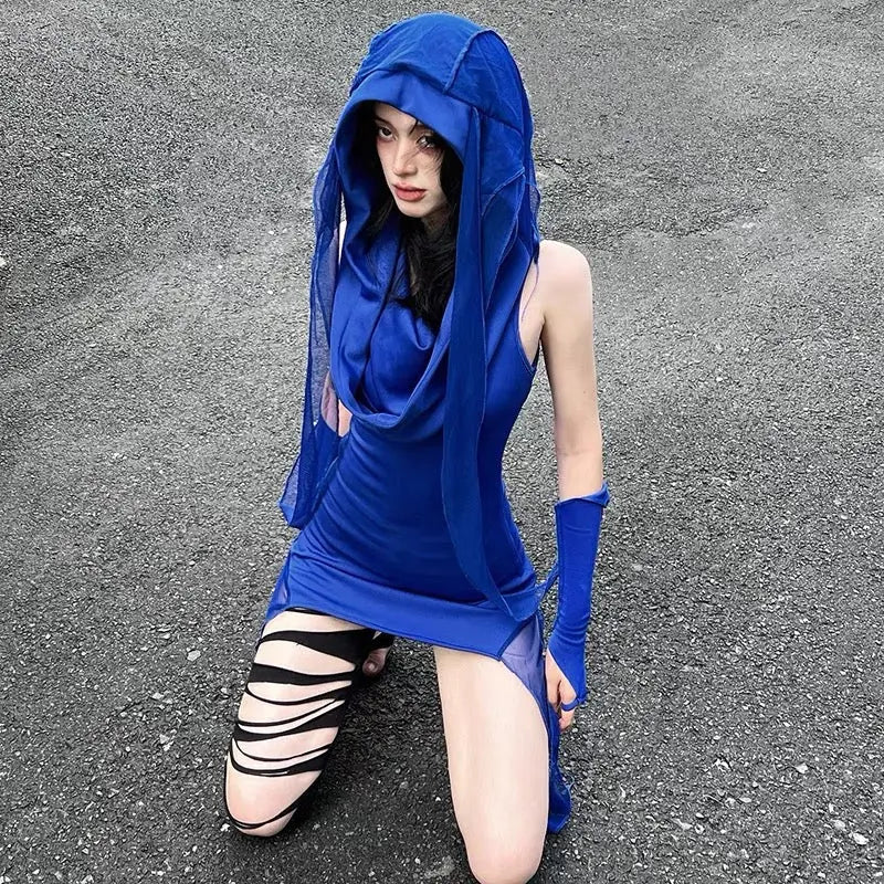 Free Shipping For 'Aqua' Klein Blue Hooded Wasteland Punk Dress