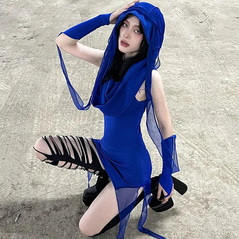 Free Shipping For 'Aqua' Klein Blue Hooded Wasteland Punk Dress