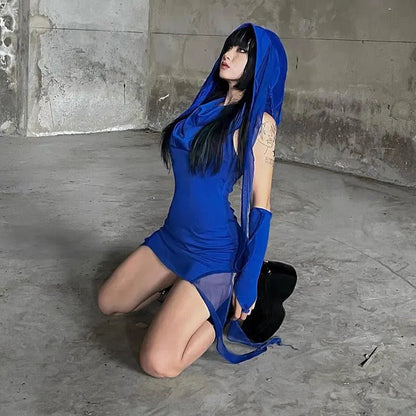 Free Shipping For 'Aqua' Klein Blue Hooded Wasteland Punk Dress