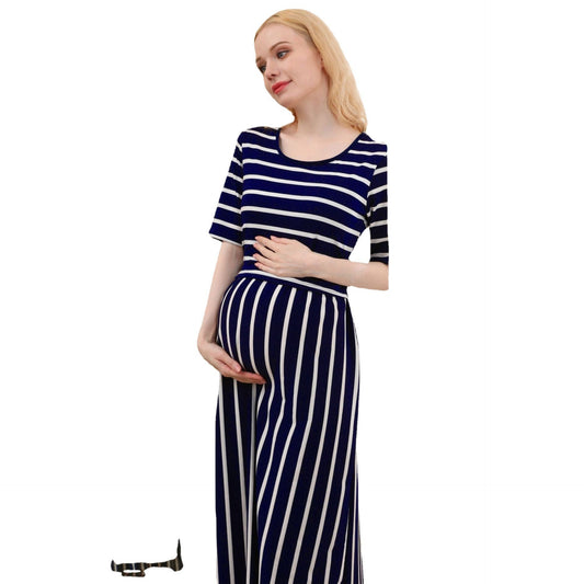 Free Shipping ForNew fashionable European and American maternity striped round neck breastfeeding dress