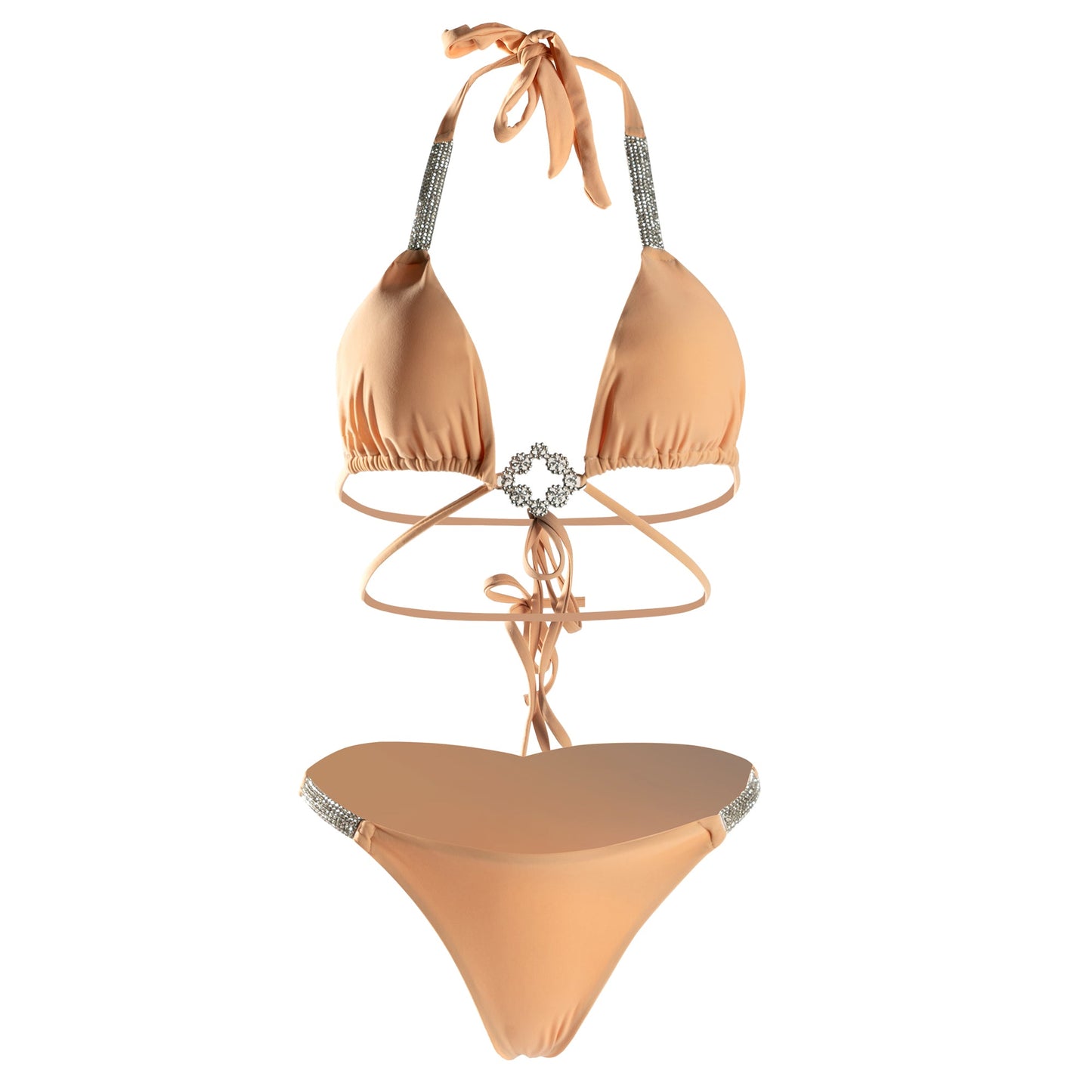 Free Shipping For Apricot Luxury Rhinestone Ruched Bottom Solid Halter bikini Set