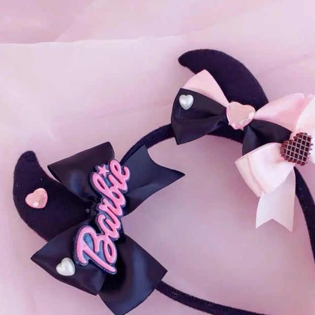 Free Shipping For 'Bad Gurl' Horns Black Pink Bow Tie Headband