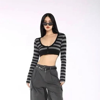 Free Shipping For 'Bad Idea' Striped Long Sleeves Crop Top