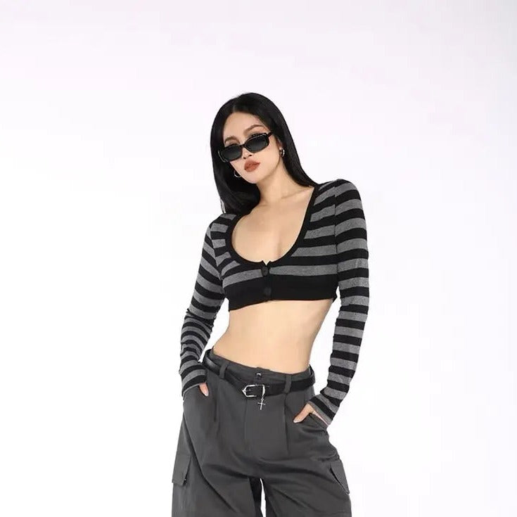 Free Shipping For 'Bad Idea' Striped Long Sleeves Crop Top