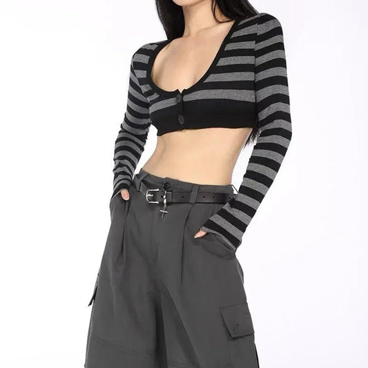 Free Shipping For 'Bad Idea' Striped Long Sleeves Crop Top