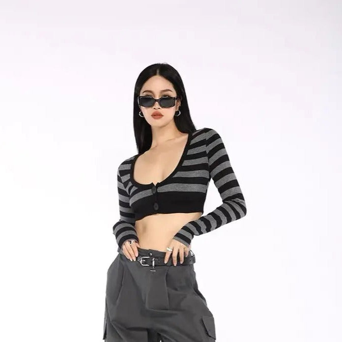 Free Shipping For 'Bad Idea' Striped Long Sleeves Crop Top