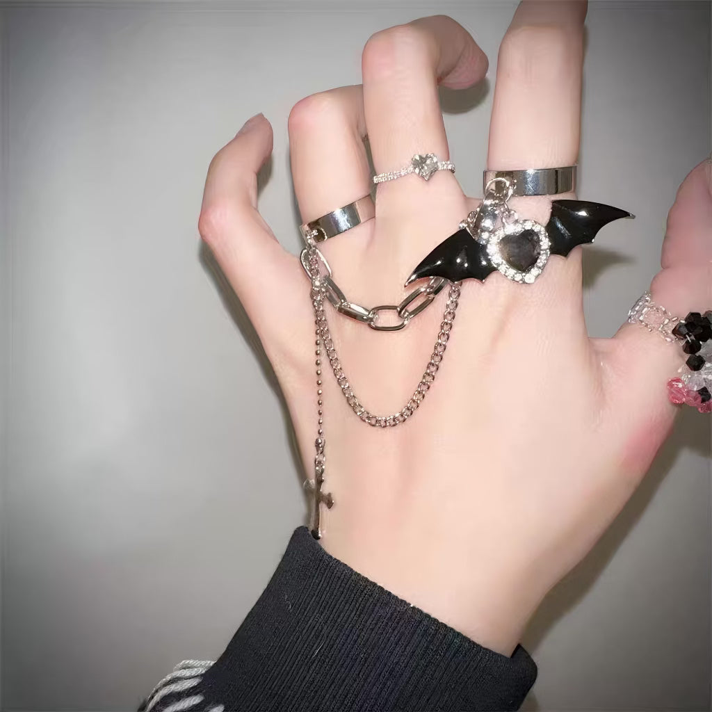 Free Shipping For 'Bat Doll' Kawaii Goth bat Wings & Cross Rings Set